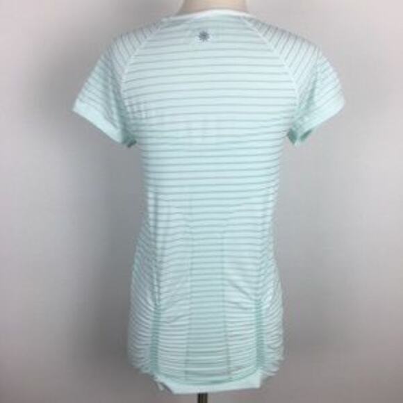 Athleta Green and White Stipe Fast Track Short Sleeve Knit Athletic Top Med - Picture 6 of 8